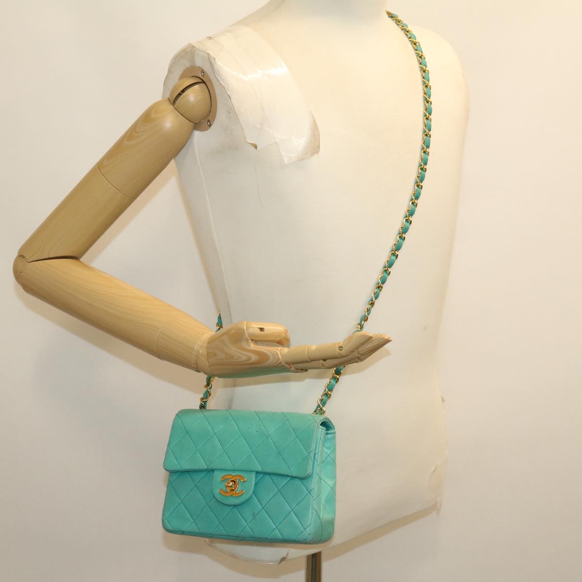 CHANEL Mini Matelasse 17 Flap Chain Bag Lamb Skin Light Blue CC Auth 29527A