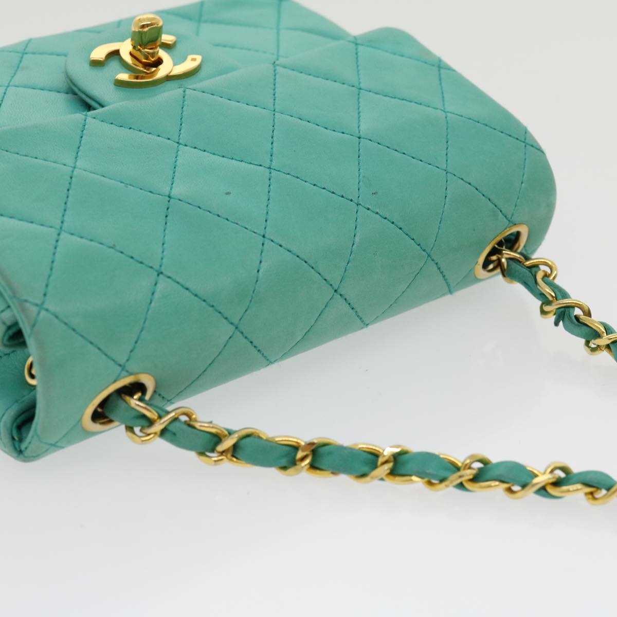 CHANEL Mini Matelasse 17 Flap Chain Bag Lamb Skin Light Blue CC Auth 29527A