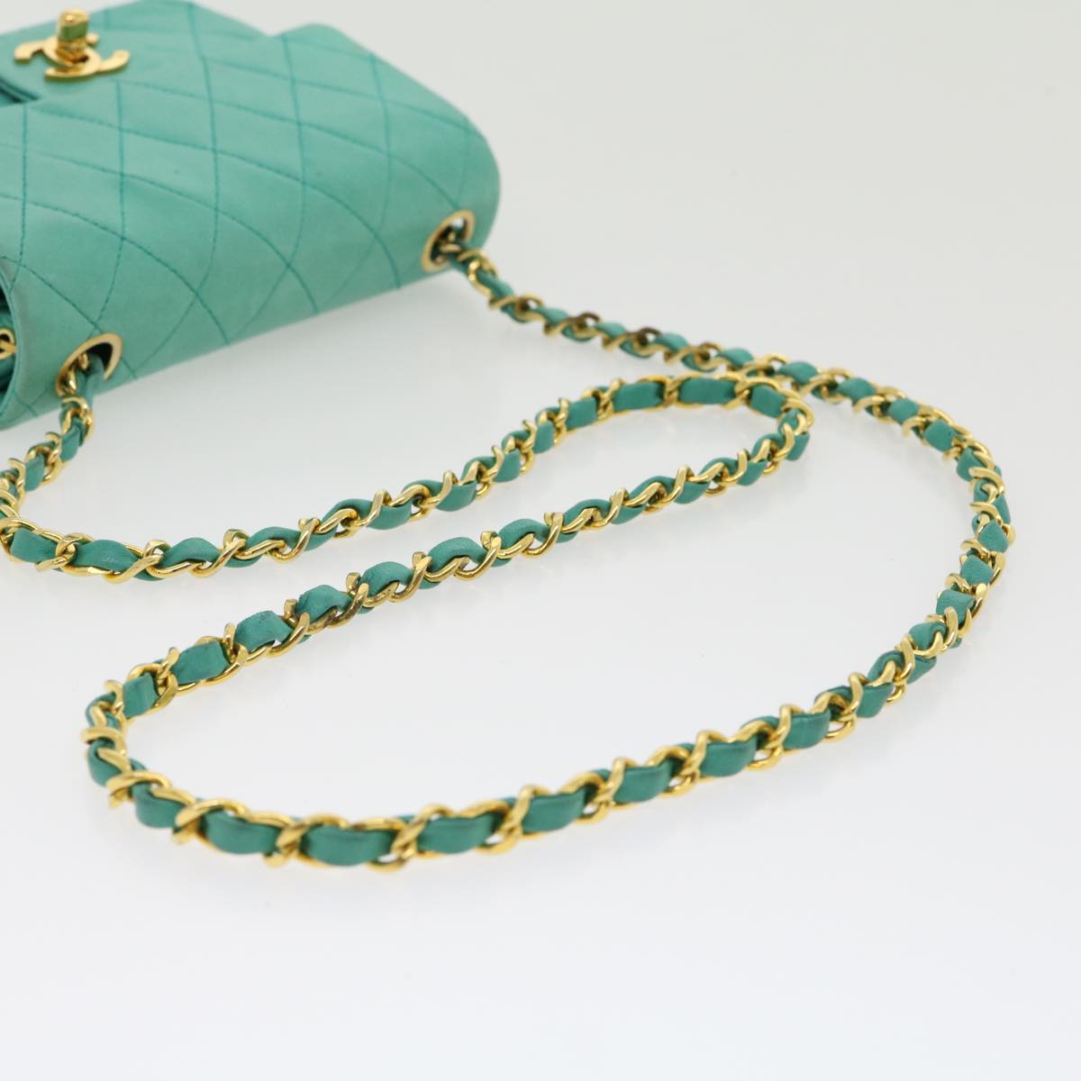CHANEL Mini Matelasse 17 Flap Chain Bag Lamb Skin Light Blue CC Auth 29527A