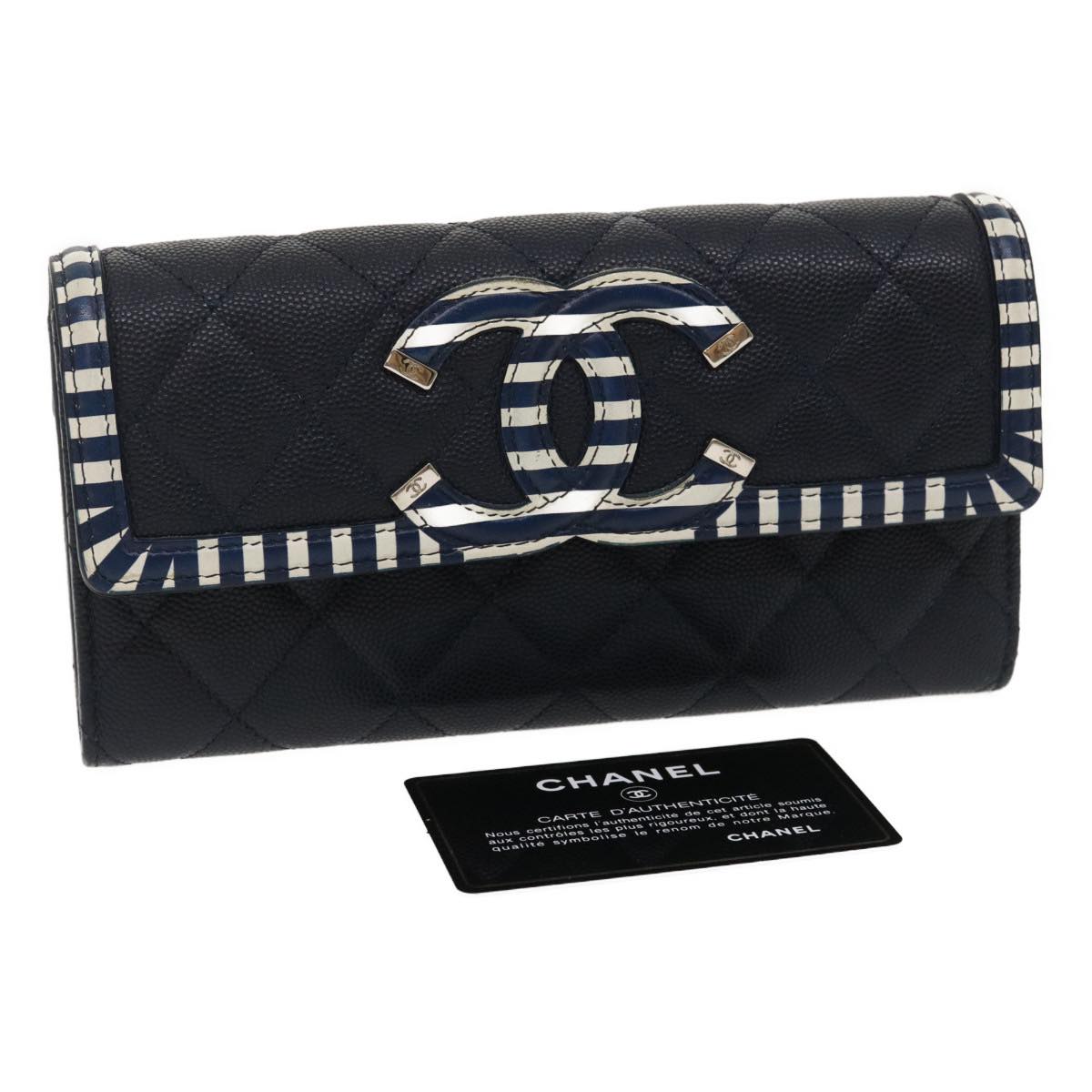 CHANEL Matelasse Cruise Line Long Wallet Caviar Skin Navy CC Auth 29542A