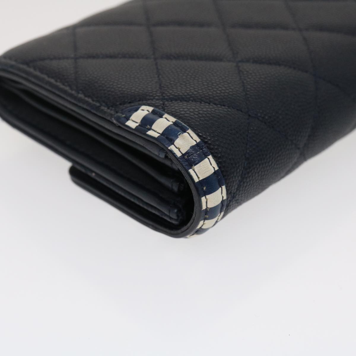 CHANEL Matelasse Cruise Line Long Wallet Caviar Skin Navy CC Auth 29542A