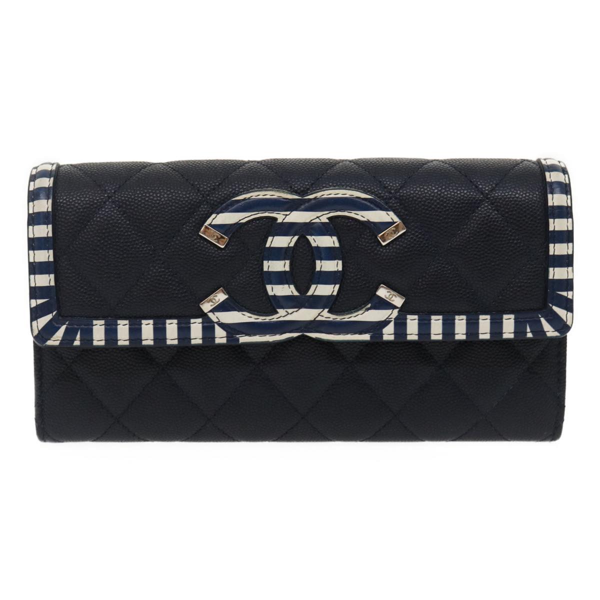 CHANEL Matelasse Cruise Line Long Wallet Caviar Skin Navy CC Auth 29542A