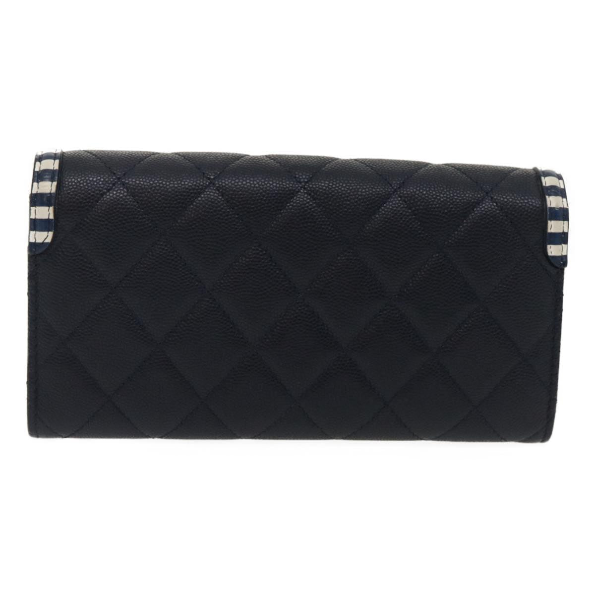 CHANEL Matelasse Cruise Line Long Wallet Caviar Skin Navy CC Auth 29542A