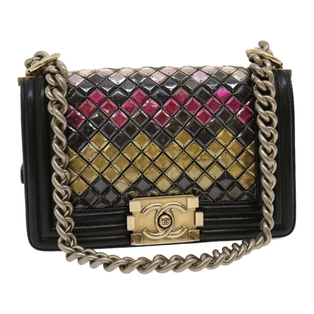 CHANEL Boy Chanel Chain Shoulder Bag Tile Black Multicolor CC Auth 29551A