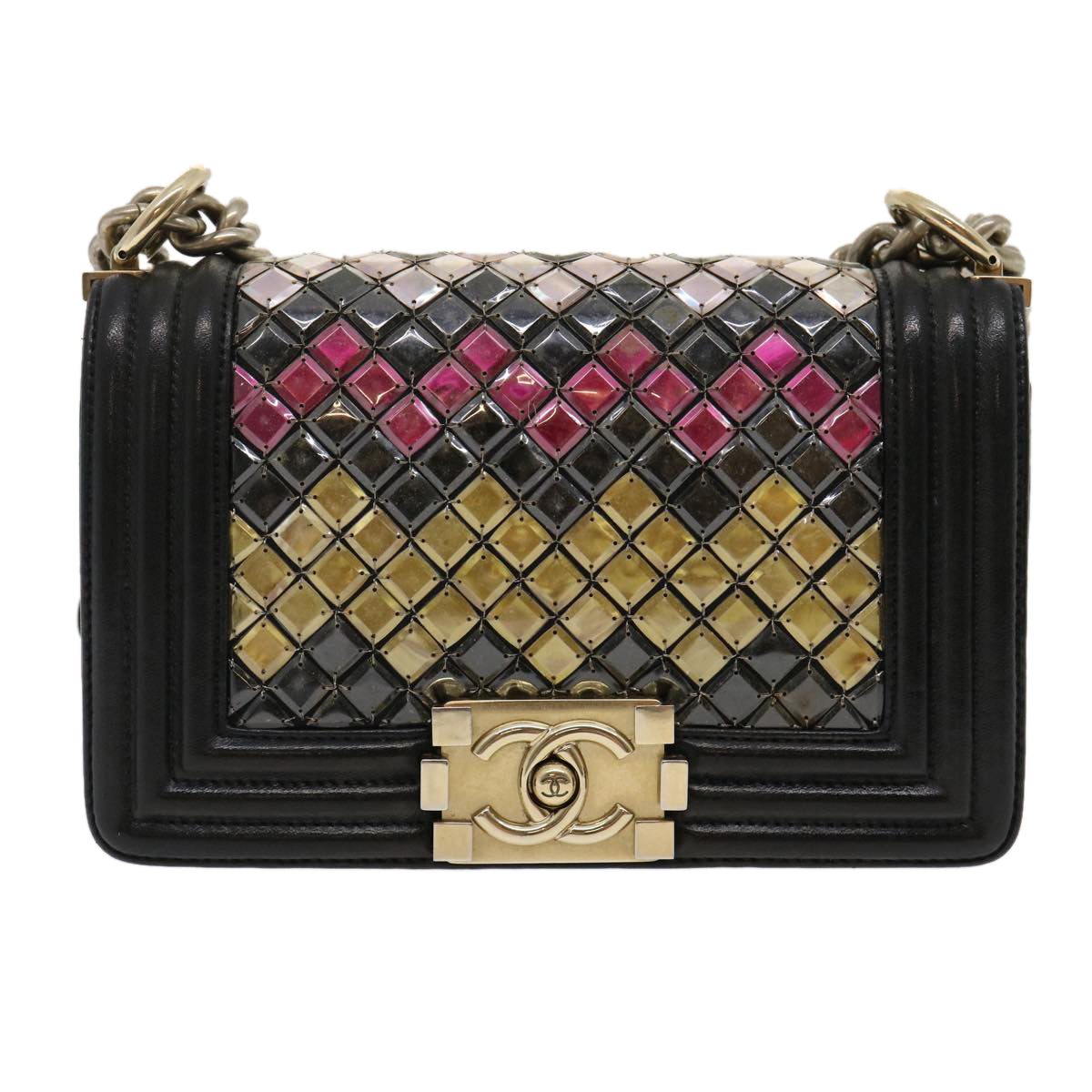 CHANEL Boy Chanel Chain Shoulder Bag Tile Black Multicolor CC Auth 29551A