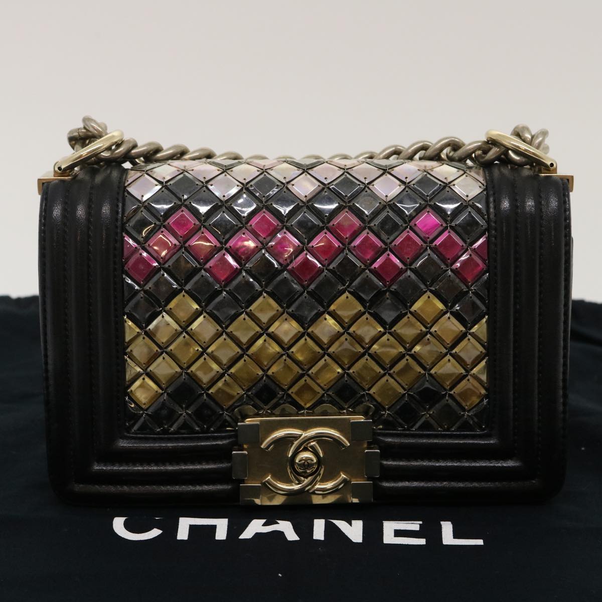 CHANEL Boy Chanel Chain Shoulder Bag Tile Black Multicolor CC Auth 29551A