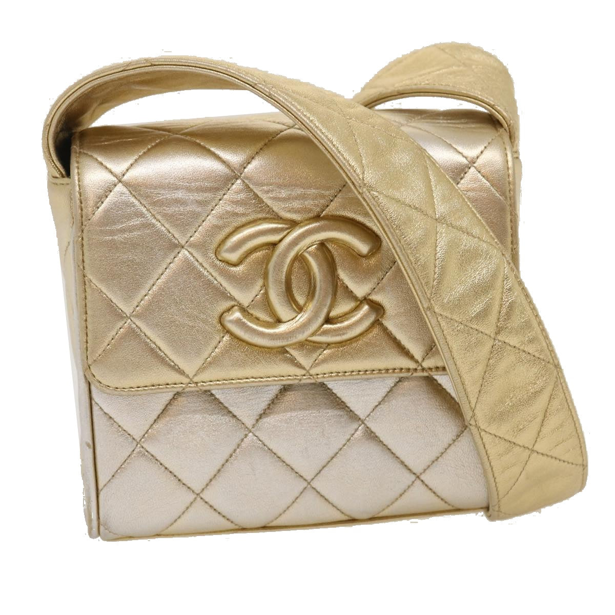 CHANEL Matelasse Shoulder Bag Lamb Skin Gold CC Auth 29567A