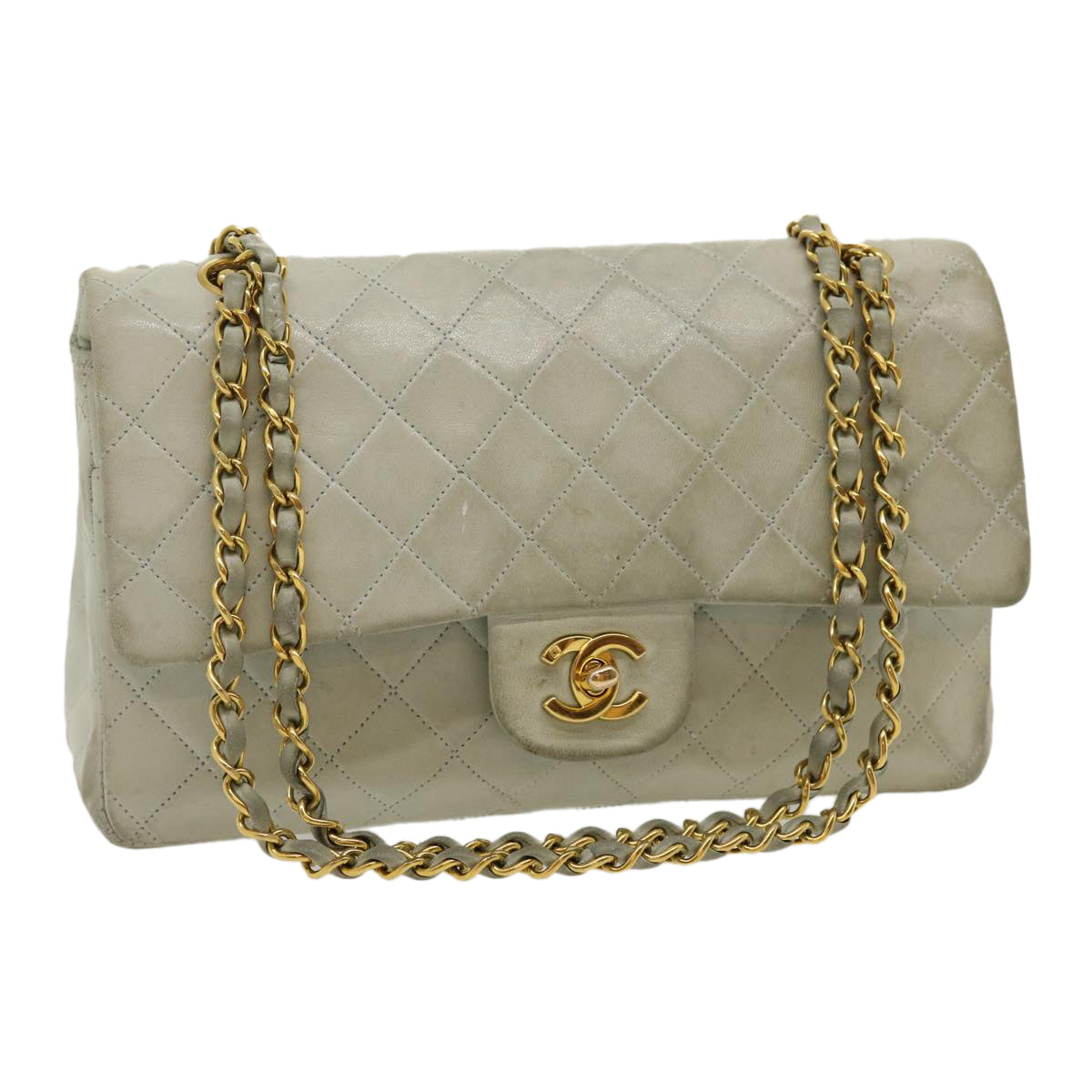 CHANEL Classic Matelasse 25 Double Chain Flap Shoulder Bag Lamb Skin Auth 29961V