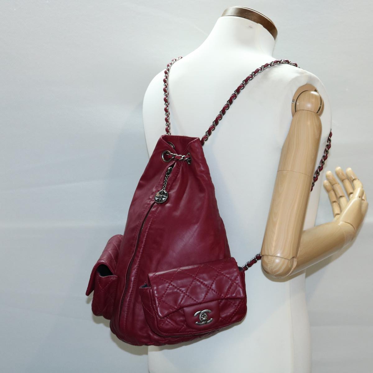 CHANEL Matelasse Chain Backpack Lamb Skin Bordeaux CC Auth 30736A