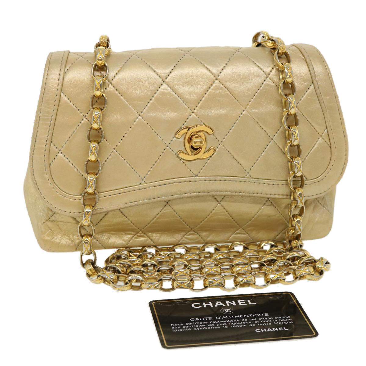 CHANEL Matelasse Turn Lock Chain Shoulder Bag Lamb Skin Gold CC Auth 31382V