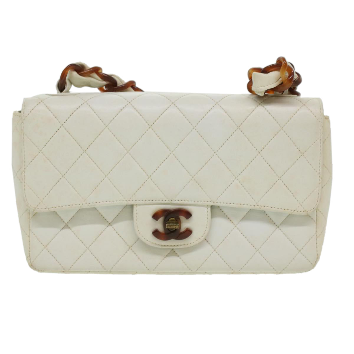 CHANEL Matelasse 23 Turn Lock Shoulder Bag Lamb Skin Brown White CC Auth 32160SAV