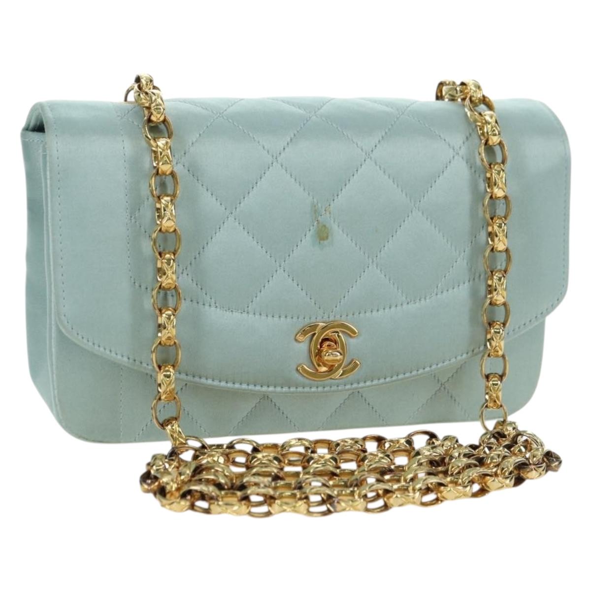CHANEL Diana Matelasse Shoulder Bag Satin Light Blue CC Auth 33325A