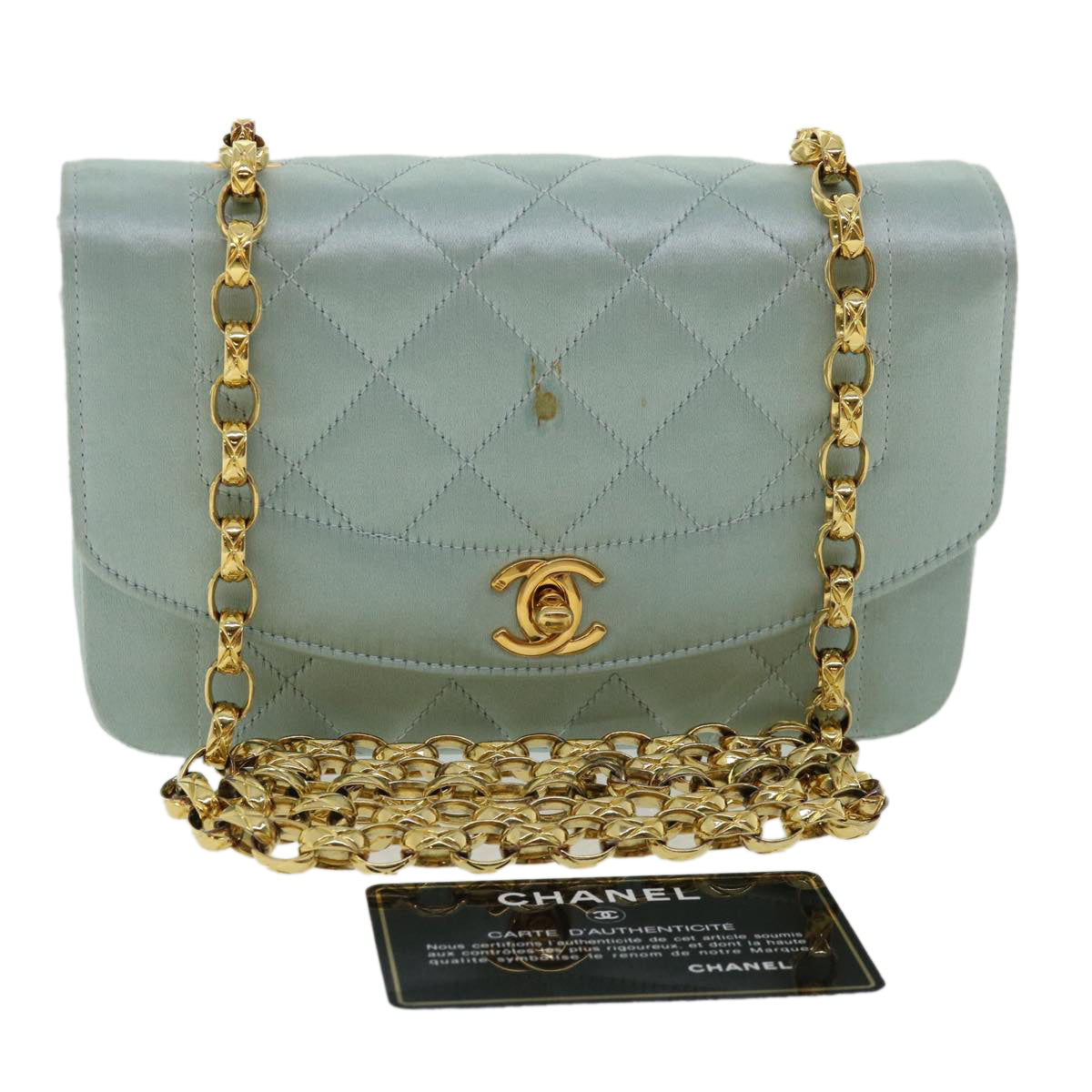 CHANEL Diana Matelasse Shoulder Bag Satin Light Blue CC Auth 33325V