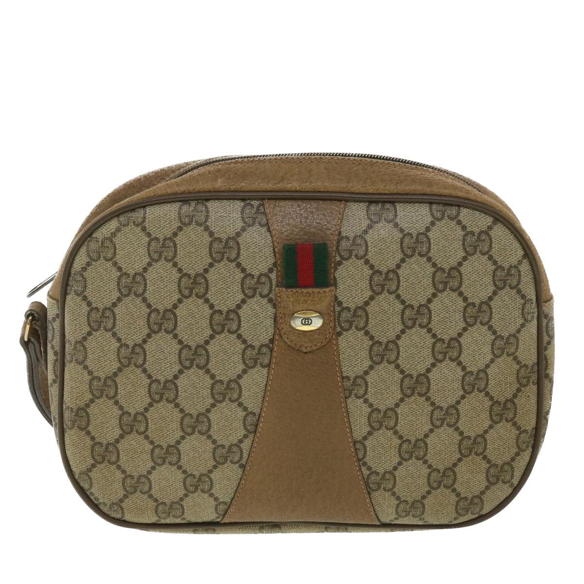 GUCCI Web Sherry Line GG Canvas Clutch Bag PVC Leather Beige Green 89 Auth 36428