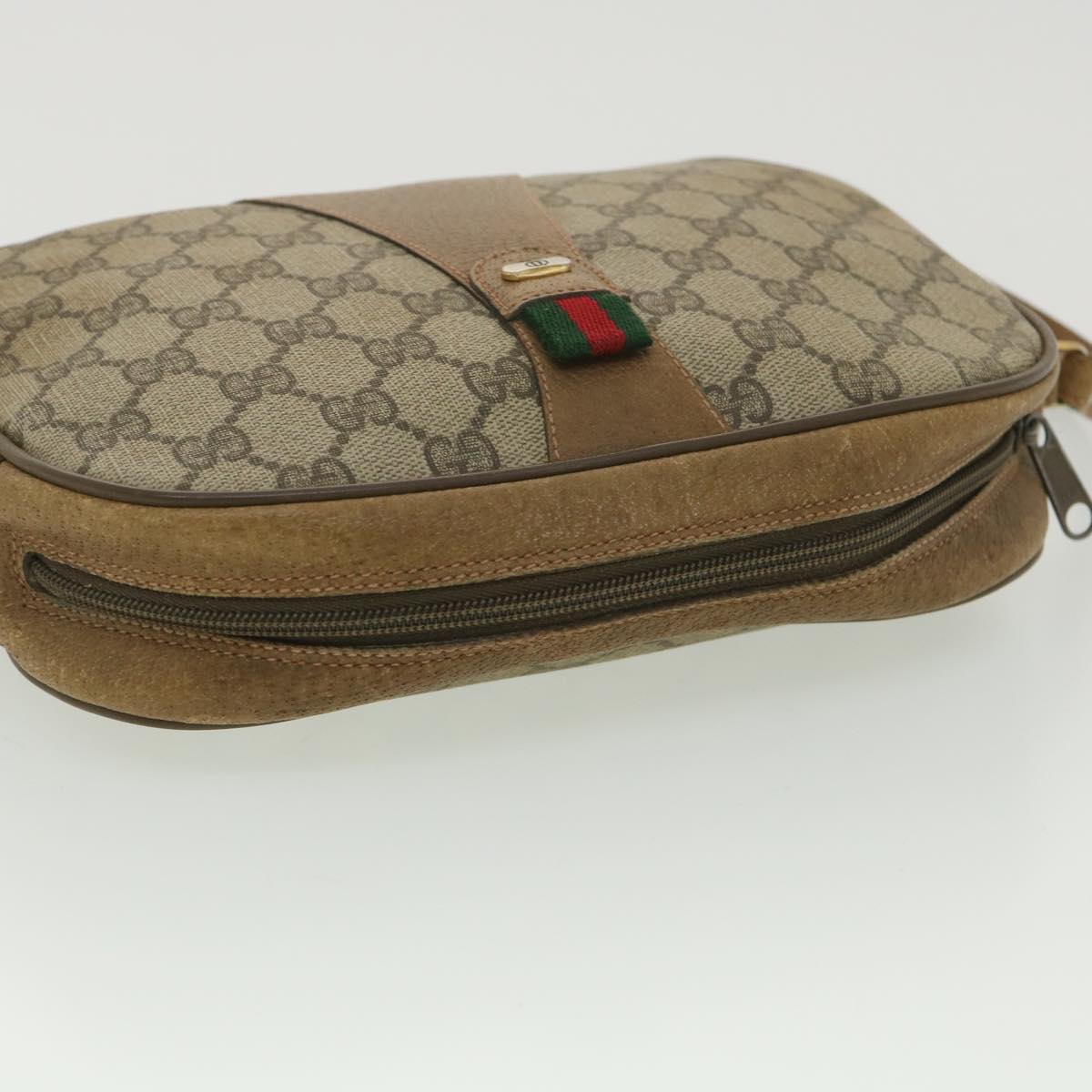 GUCCI Web Sherry Line GG Canvas Clutch Bag PVC Leather Beige Green 89 Auth 36428