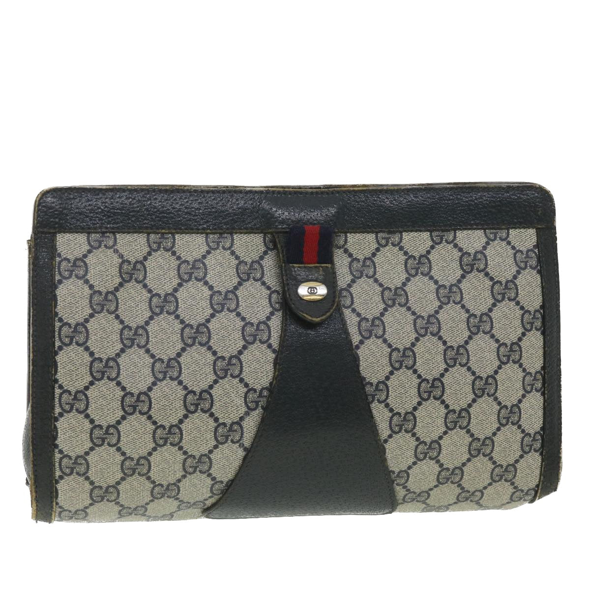 GUCCI Sherry Line GG Canvas Clutch Bag PVC Leather Navy Red 89 Auth 36432