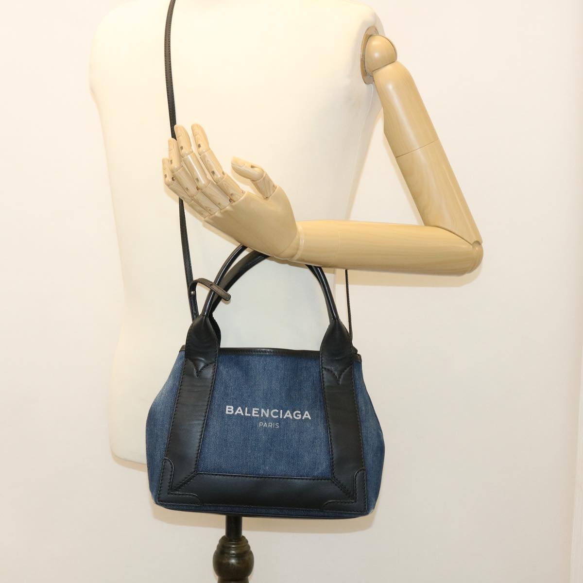 BALENCIAGA CabasXS Hand Bag Canvas 2way Black Blue Auth 38049