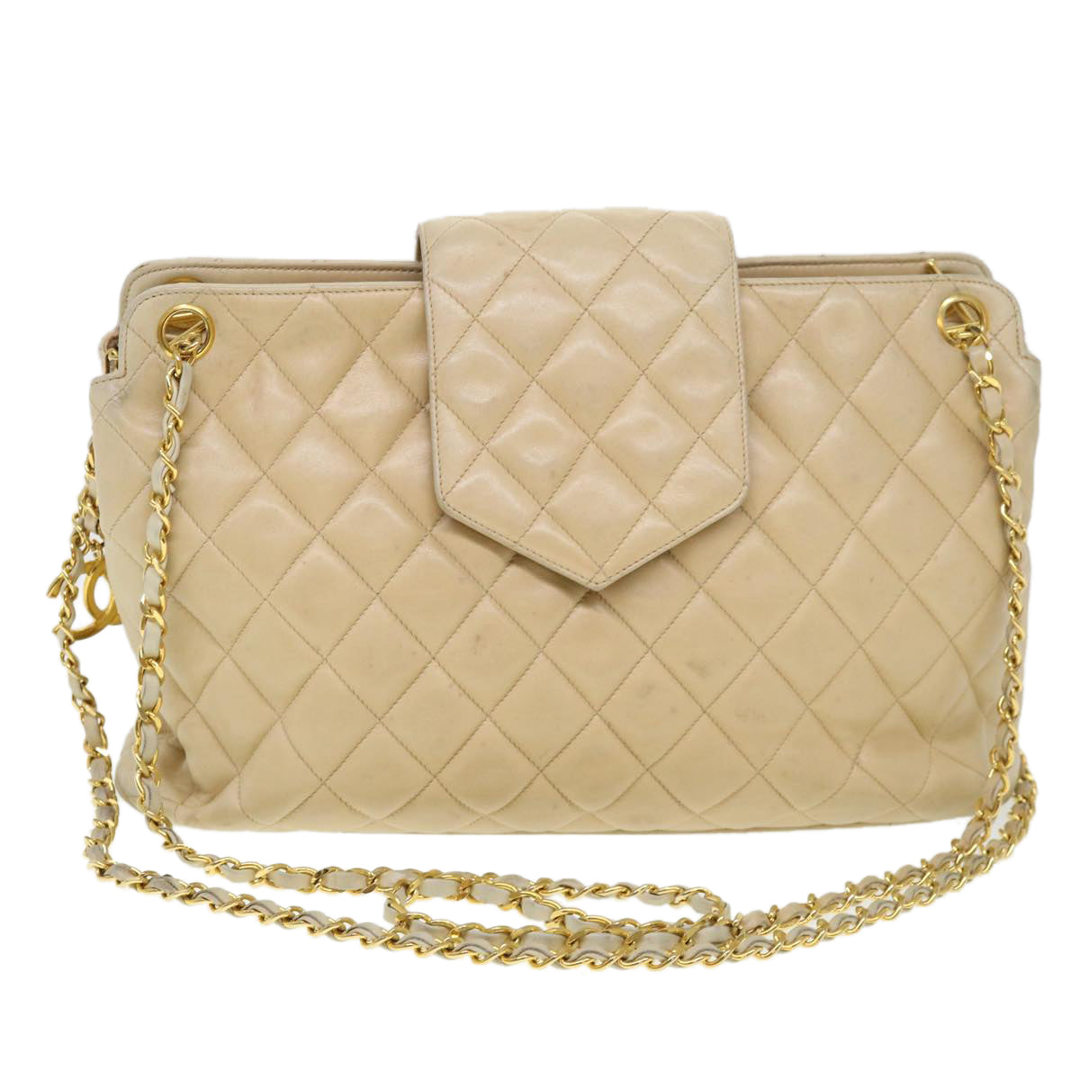 CHANEL Chain Shoulder Bag Lamb Skin Beige CC Auth 38451