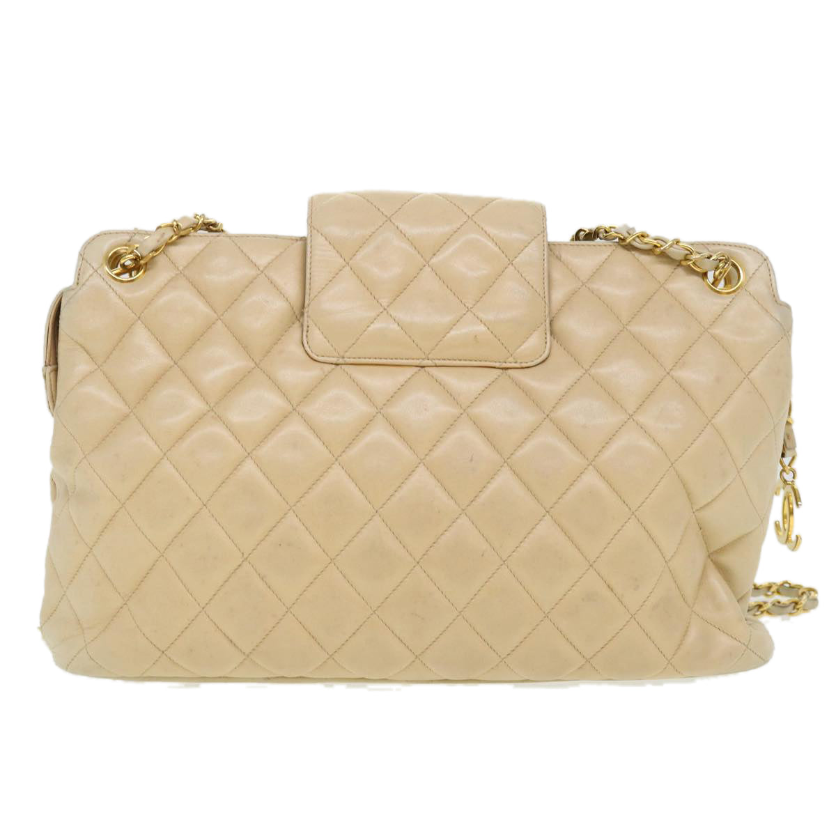 CHANEL Chain Shoulder Bag Lamb Skin Beige CC Auth 38451