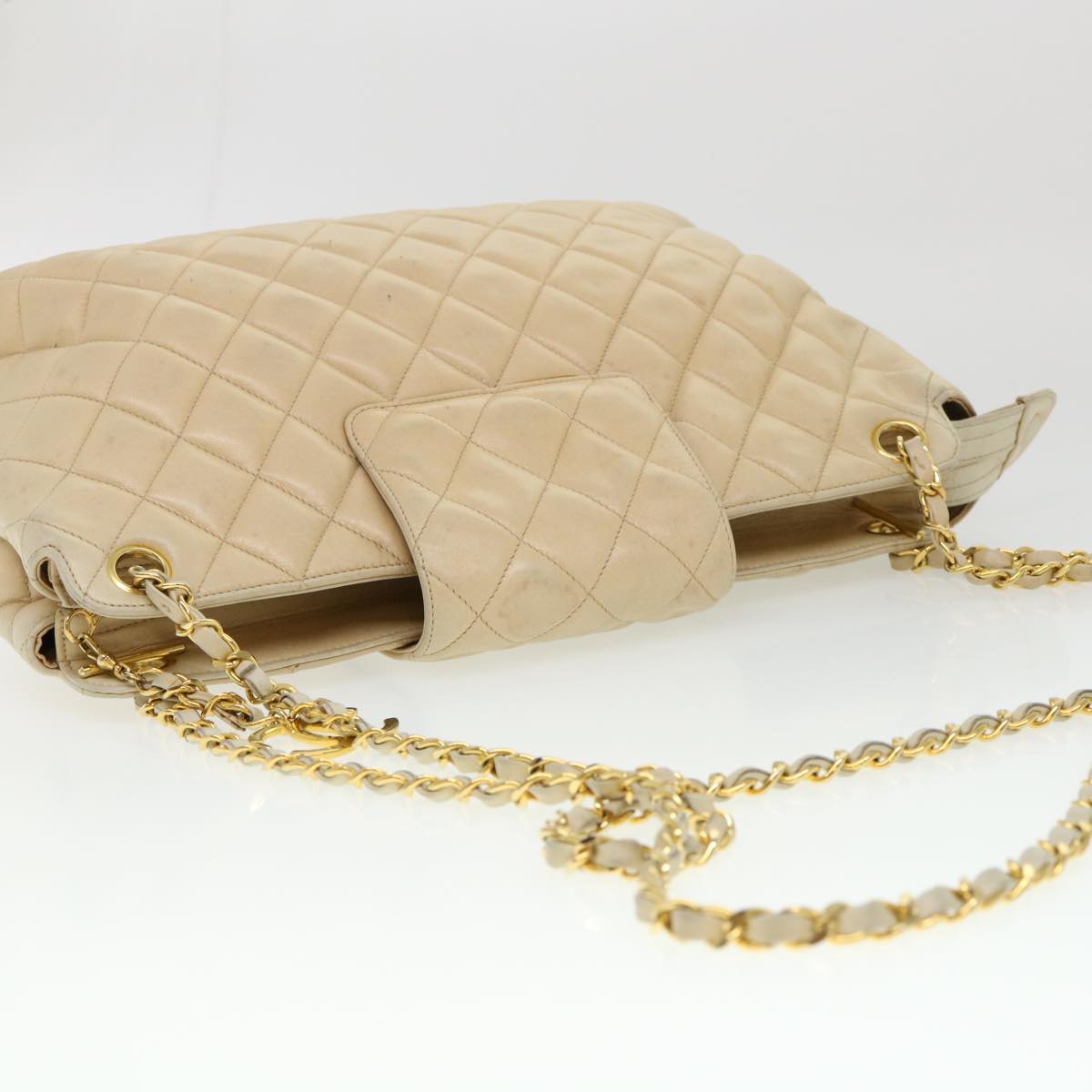 CHANEL Chain Shoulder Bag Lamb Skin Beige CC Auth 38451