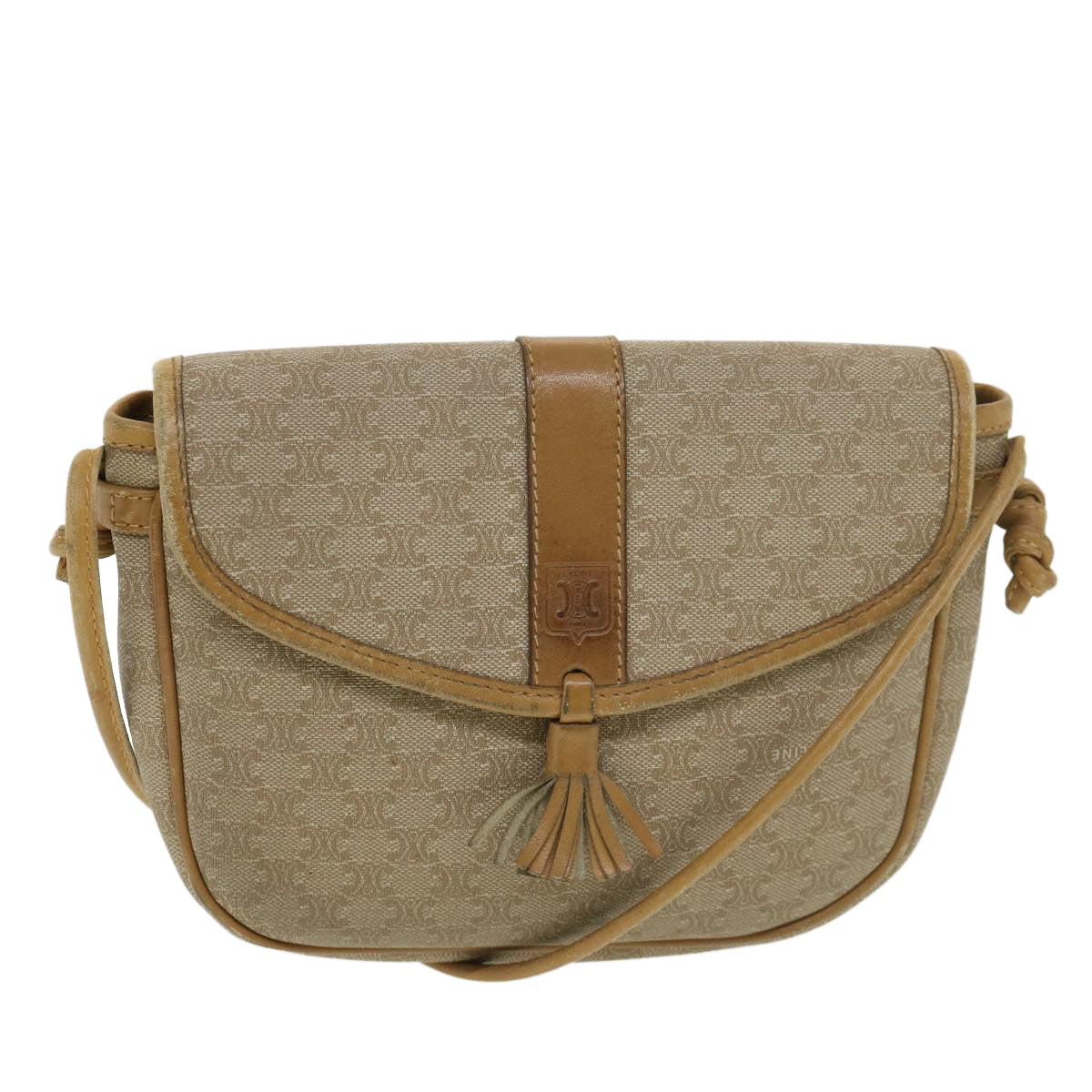 CELINE Macadam Canvas Shoulder Bag PVC Leather Beige Auth 39182