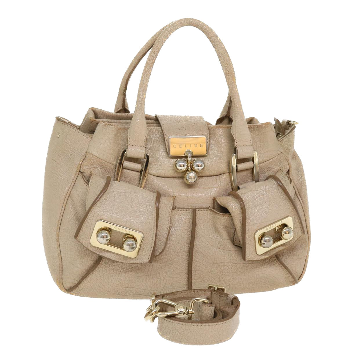 CELINE Hand Bag Leather 2way Beige Auth 39619