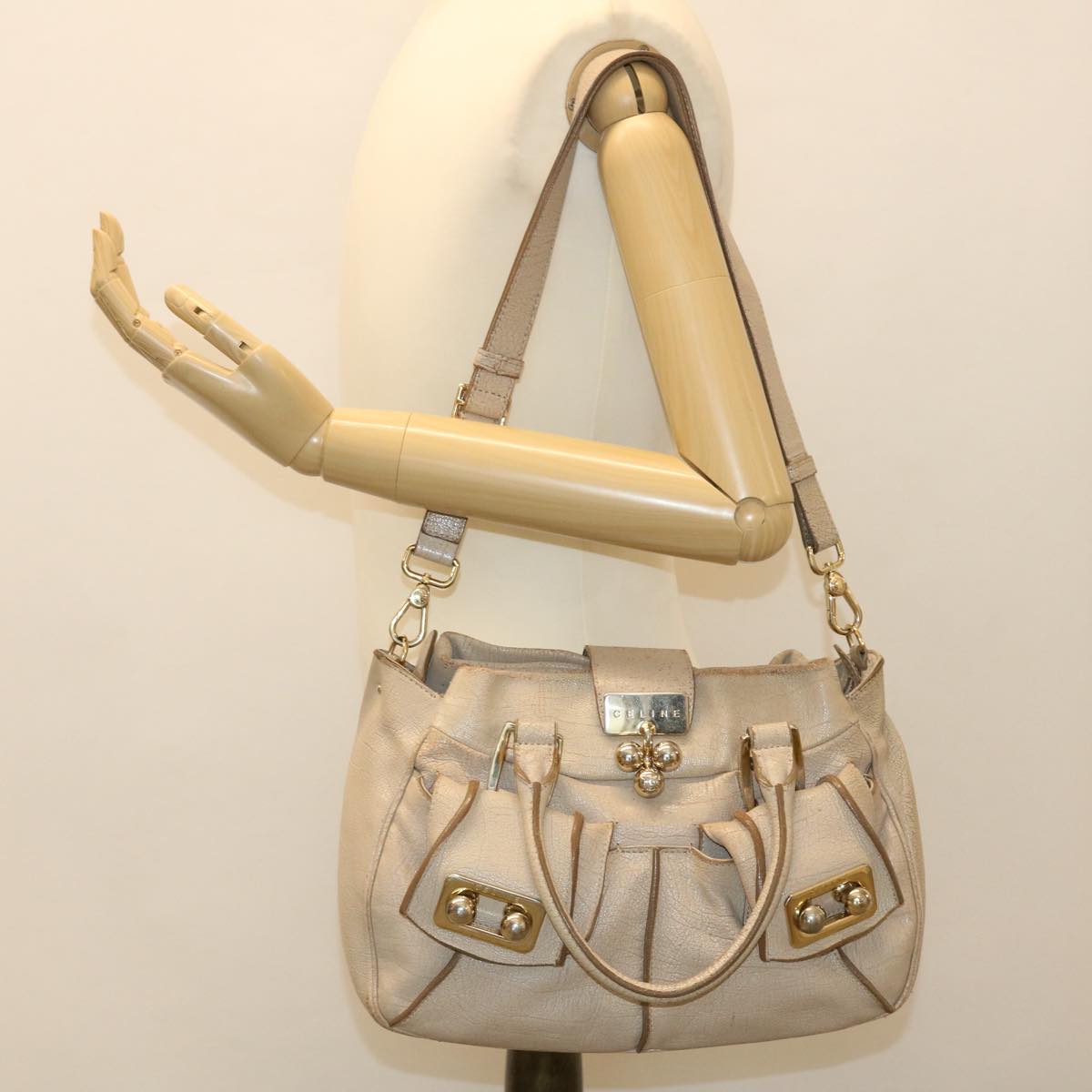 CELINE Hand Bag Leather 2way Beige Auth 39619