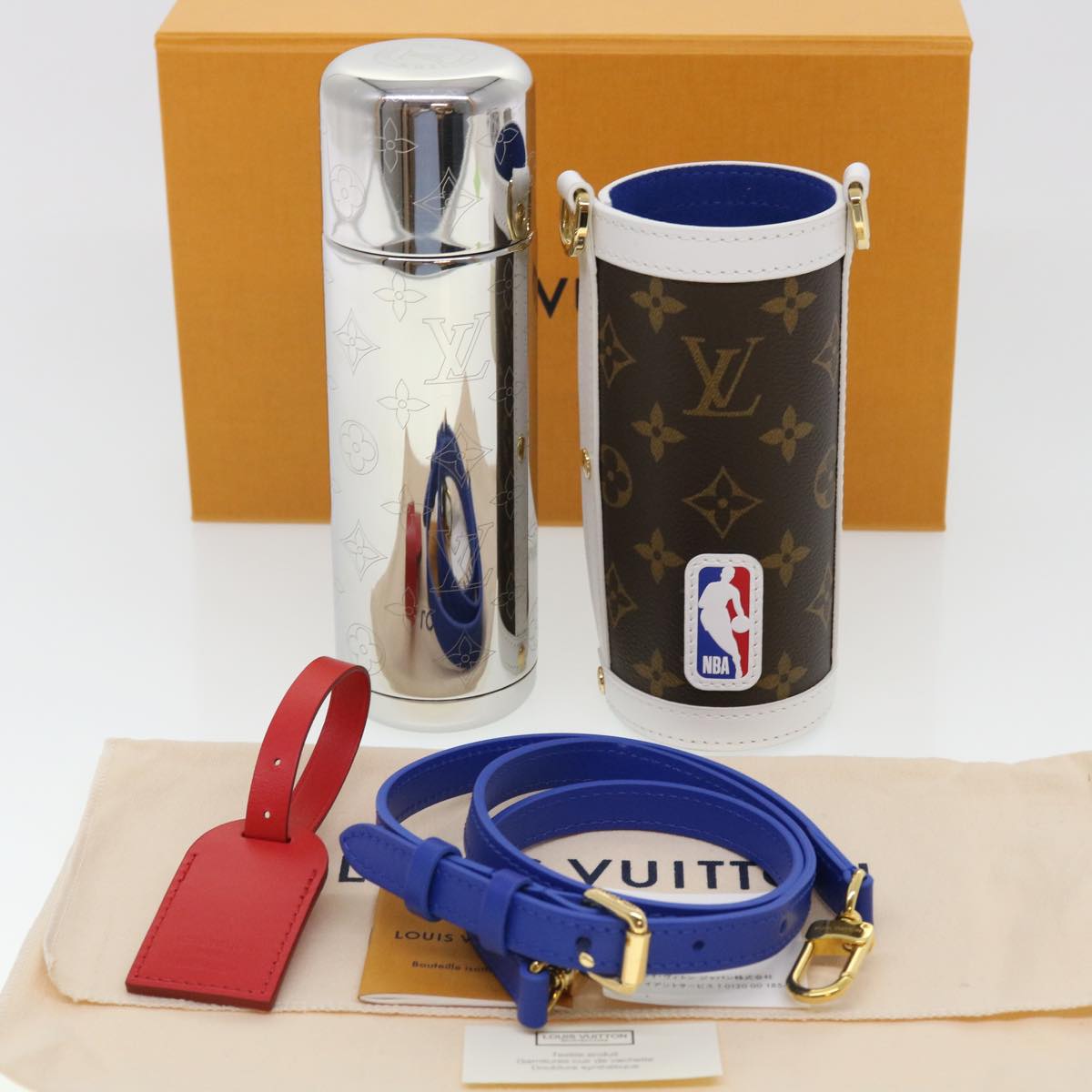 LOUIS VUITTON Monogram NBA FLASK HOLDER Water Bottle Blue Red GI0565 Auth 40703SM