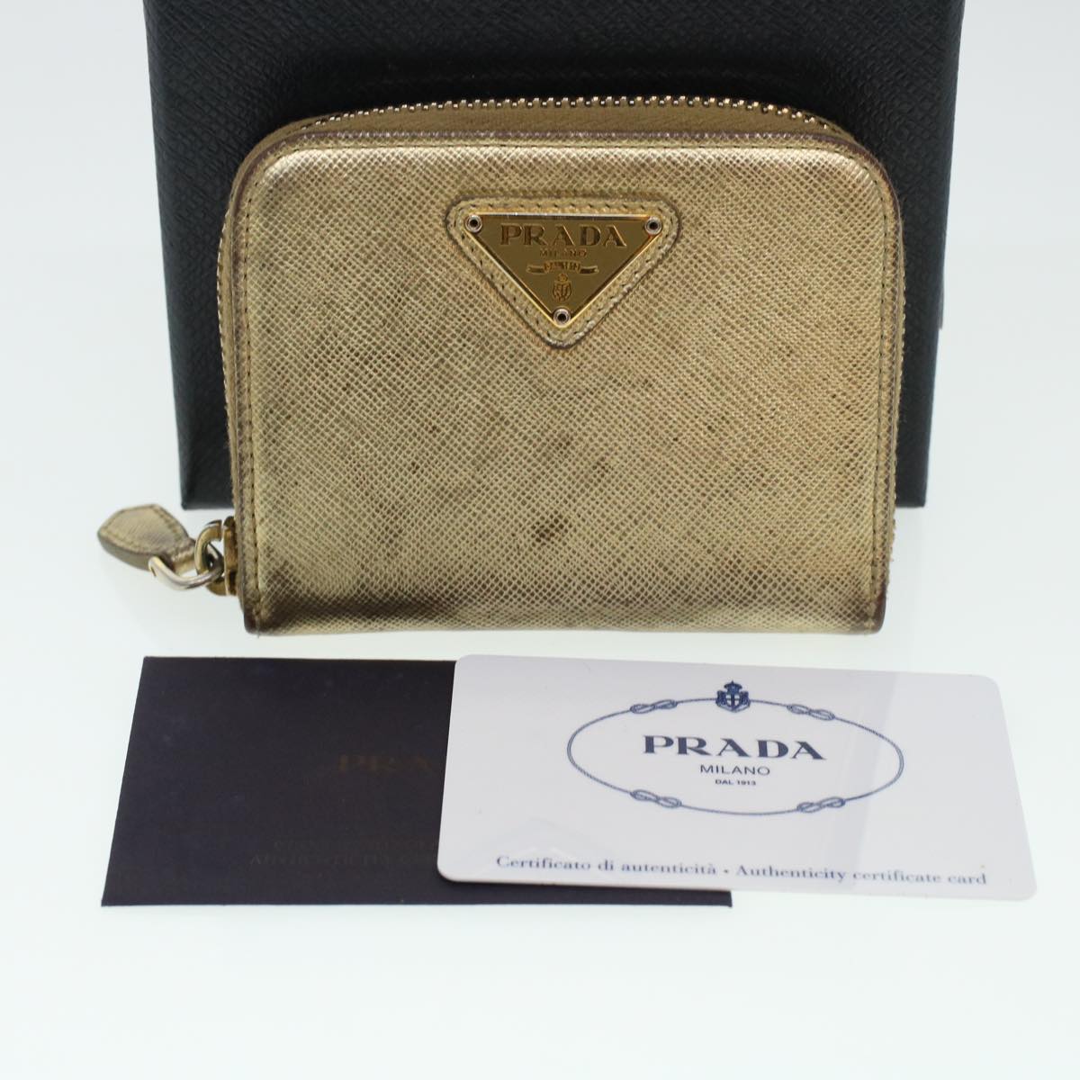 PRADA Coin Purse Leather Gold Auth 41254