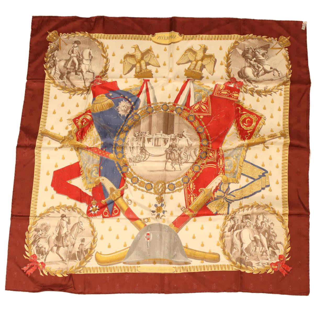 HERMES Carre 90 NAPOLEON Scarf Silk Wine Red Auth 42854