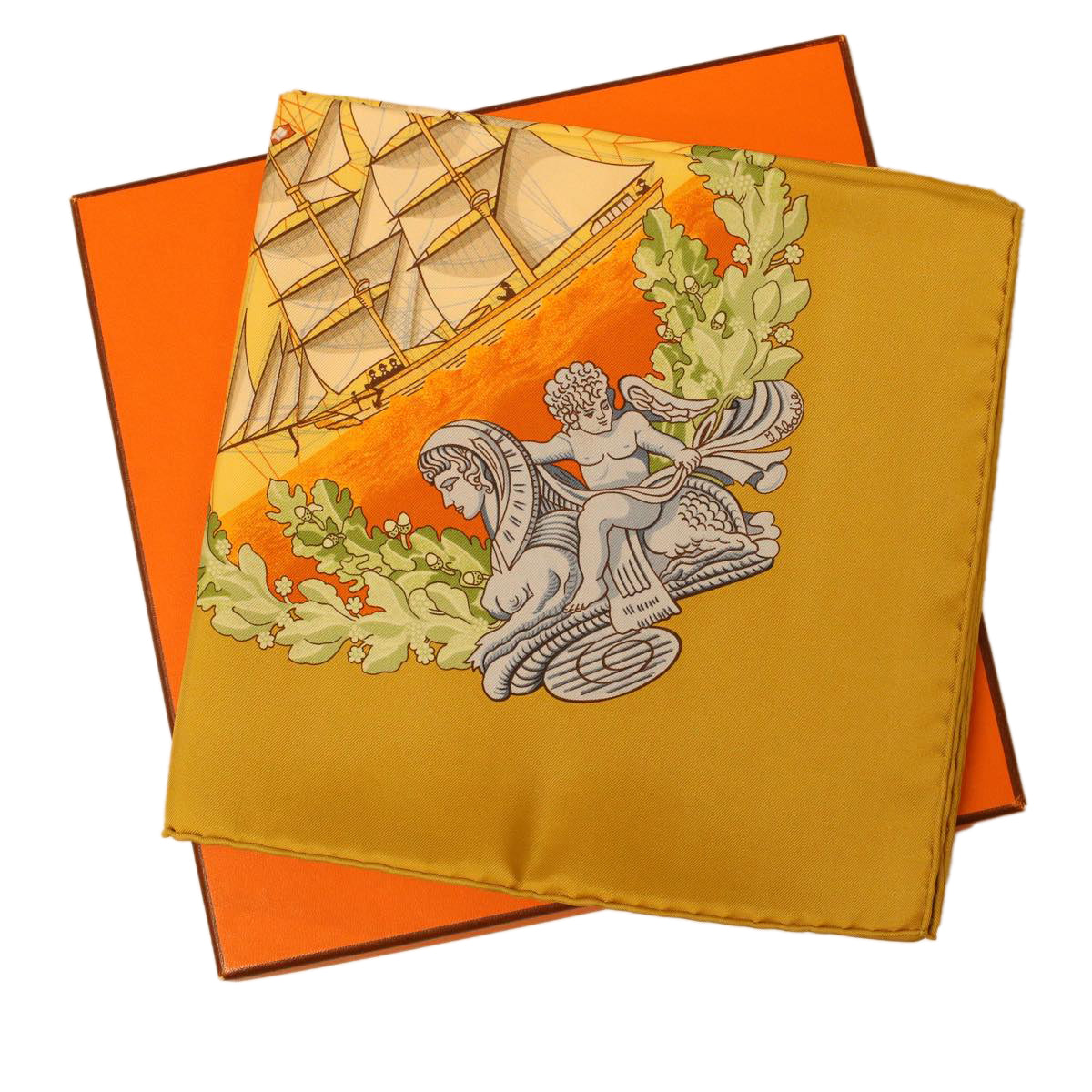 HERMES Carre 90 Angel Voyage Scarf Silk Yellow Orange Auth 42856