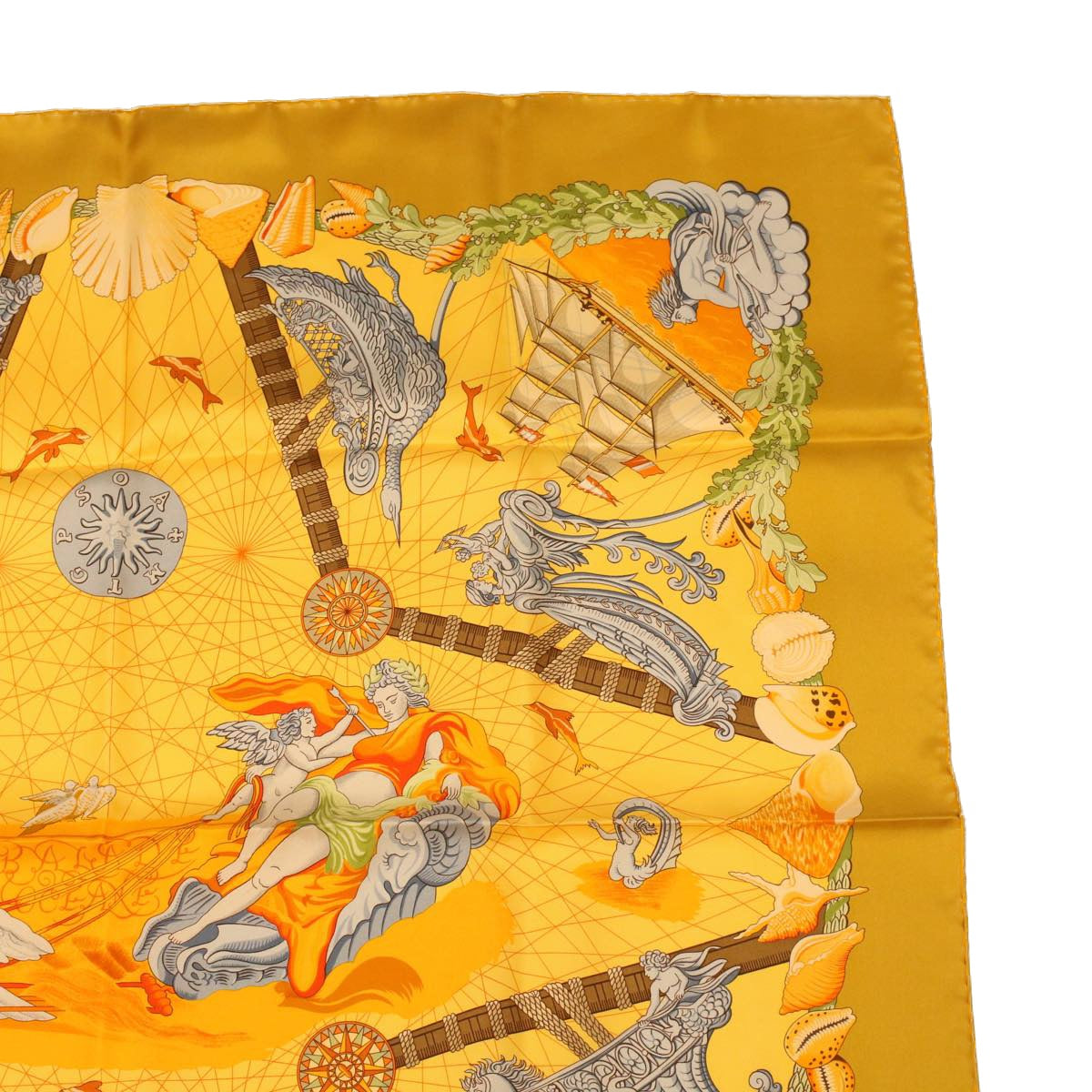 HERMES Carre 90 Angel Voyage Scarf Silk Yellow Orange Auth 42856