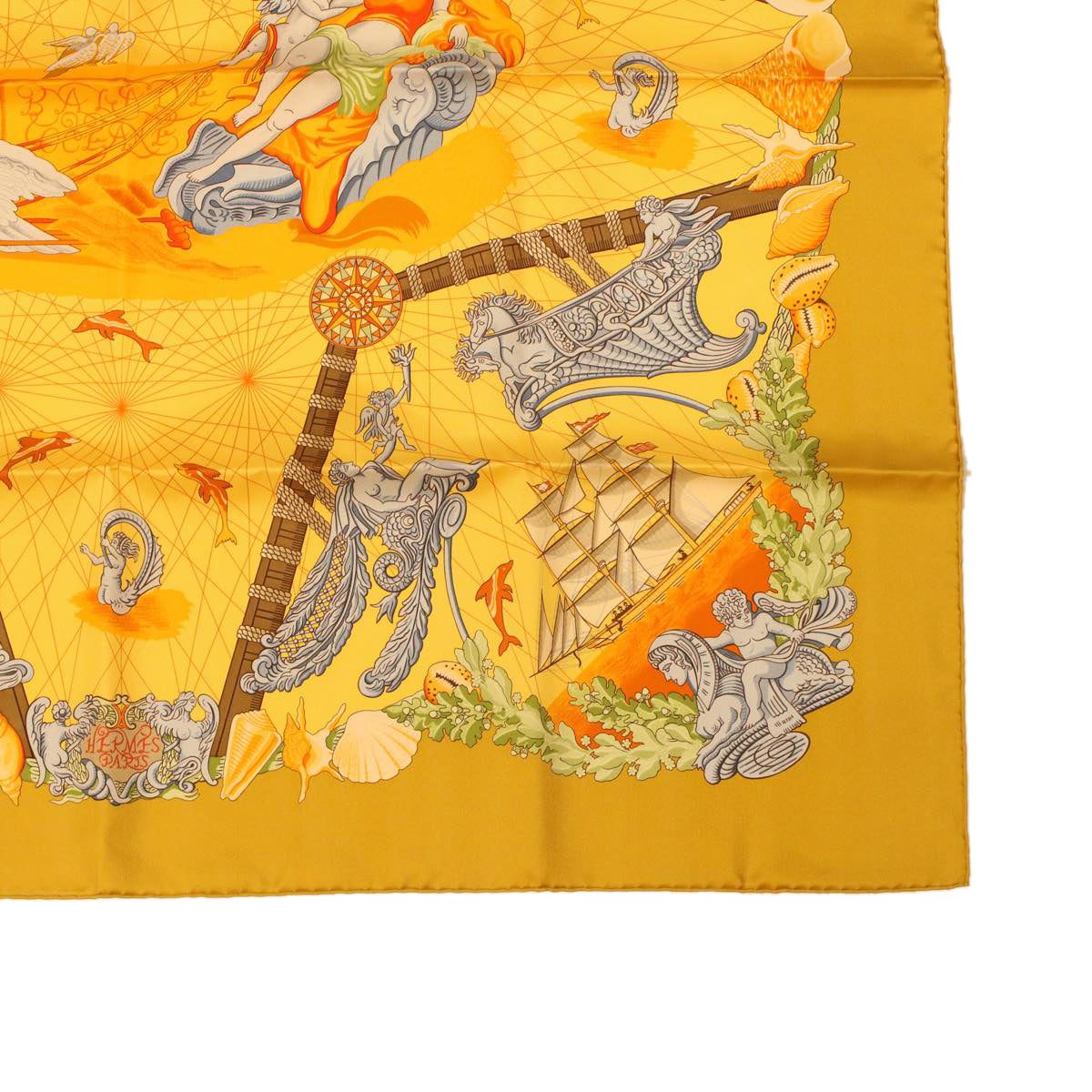 HERMES Carre 90 Angel Voyage Scarf Silk Yellow Orange Auth 42856