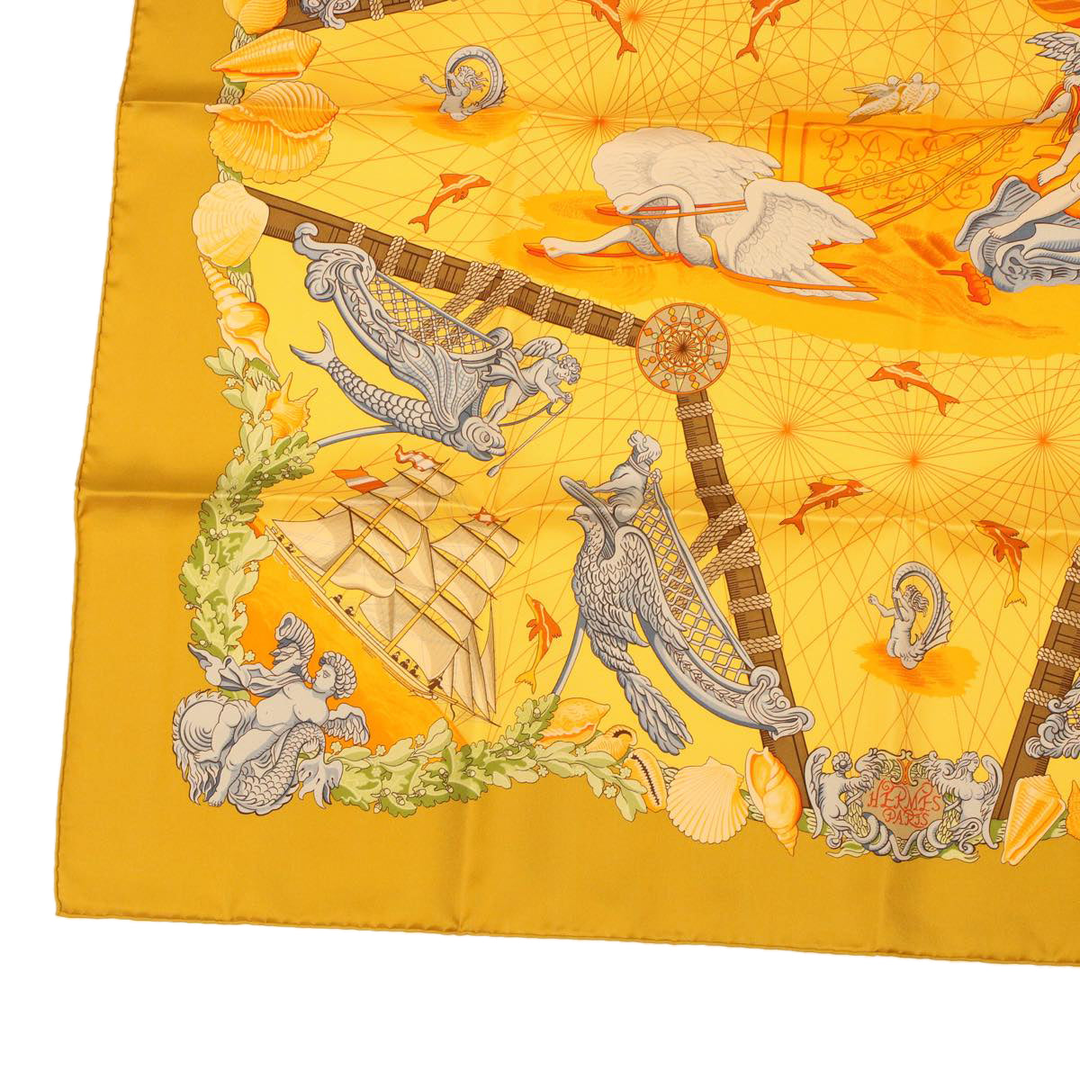 HERMES Carre 90 Angel Voyage Scarf Silk Yellow Orange Auth 42856