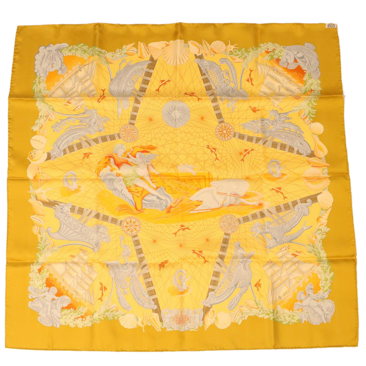 HERMES Carre 90 Angel Voyage Scarf Silk Yellow Orange Auth 42856