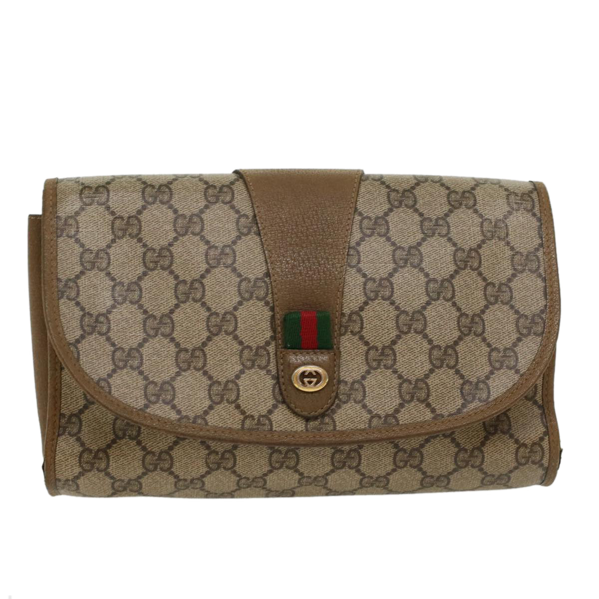 GUCCI GG Canvas Web Sherry Line Clutch Bag PVC Leather Beige Green Auth 43092