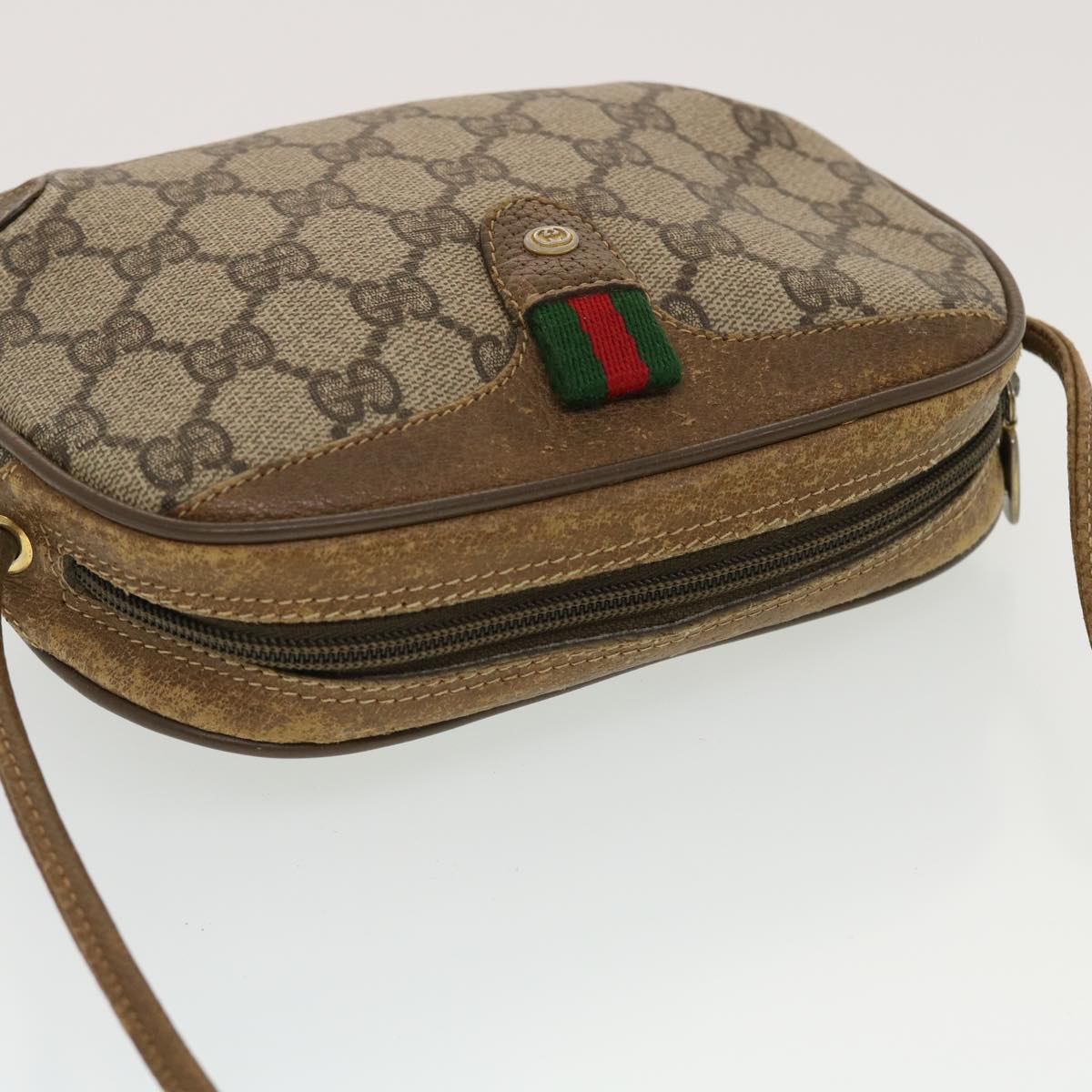 GUCCI GG Supreme Web Sherry Line Shoulder Bag Beige Red 89.02.066 Auth 43663