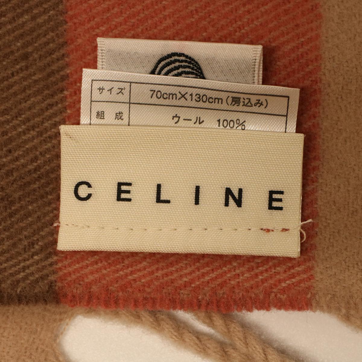 CELINE Scarf Wool Beige Red FIT6003813 Auth 43803