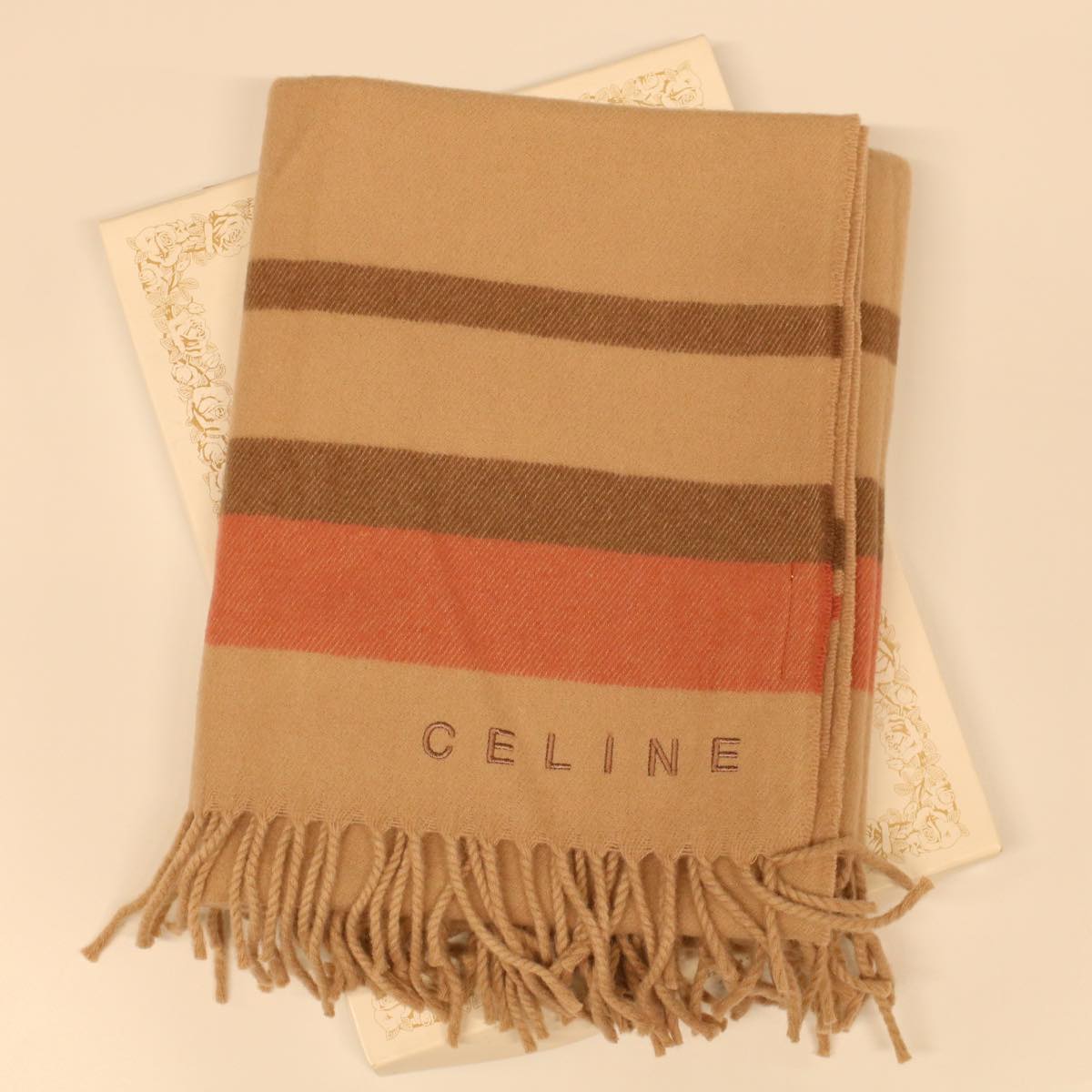 CELINE Scarf Wool Beige Red FIT6003813 Auth 43803