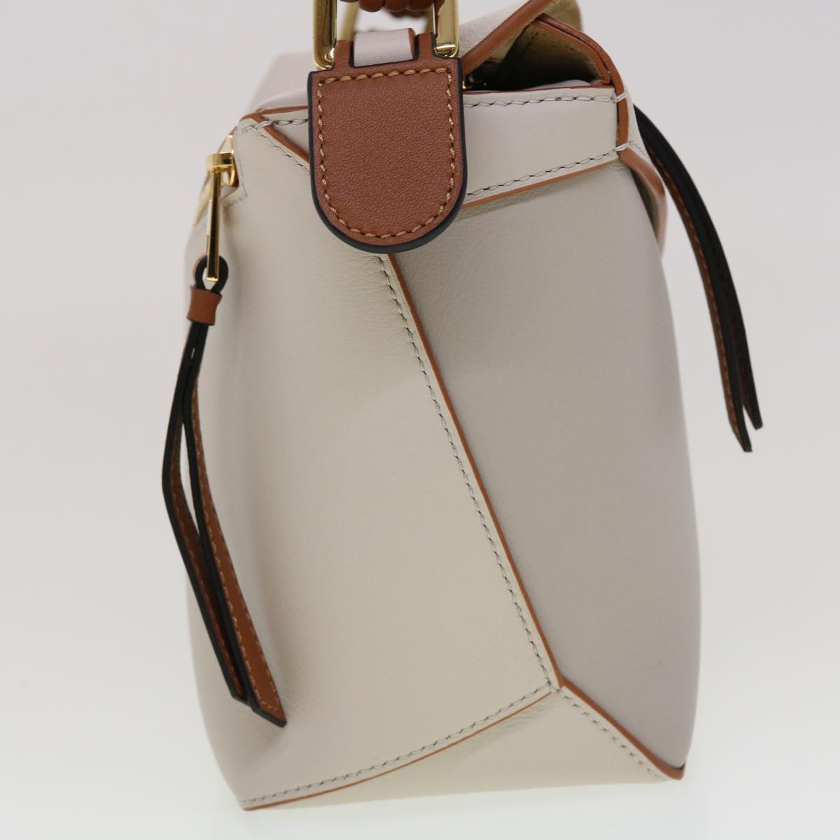 LOEWE Small Puzzle Edge Shoulder Bag Calfskin 2way Taupe off white Auth 45050A