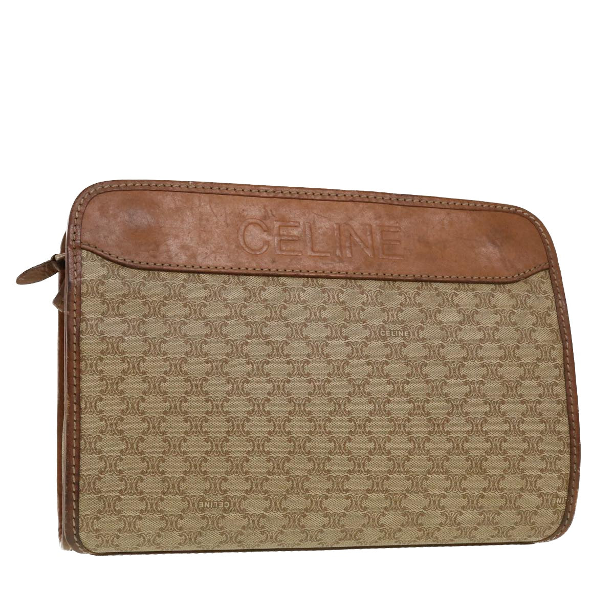 CELINE Macadam Canvas Clutch Bag PVC Leather Beige Auth 45077