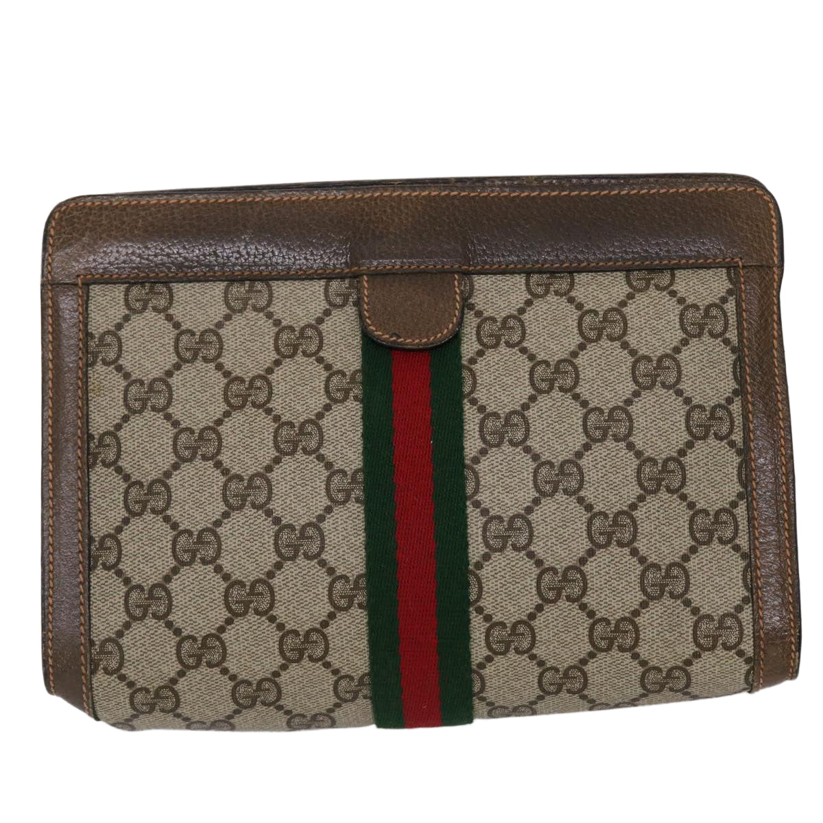 GUCCI GG Canvas Web Sherry Line Clutch Bag PVC Leather Beige Green Auth 46133