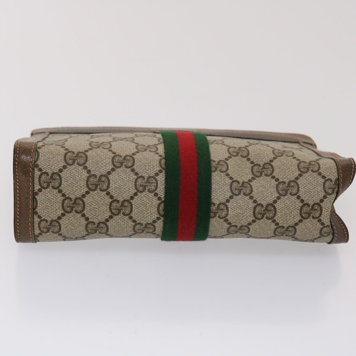 GUCCI GG Canvas Web Sherry Line Clutch Bag PVC Leather Beige Green Auth 46133