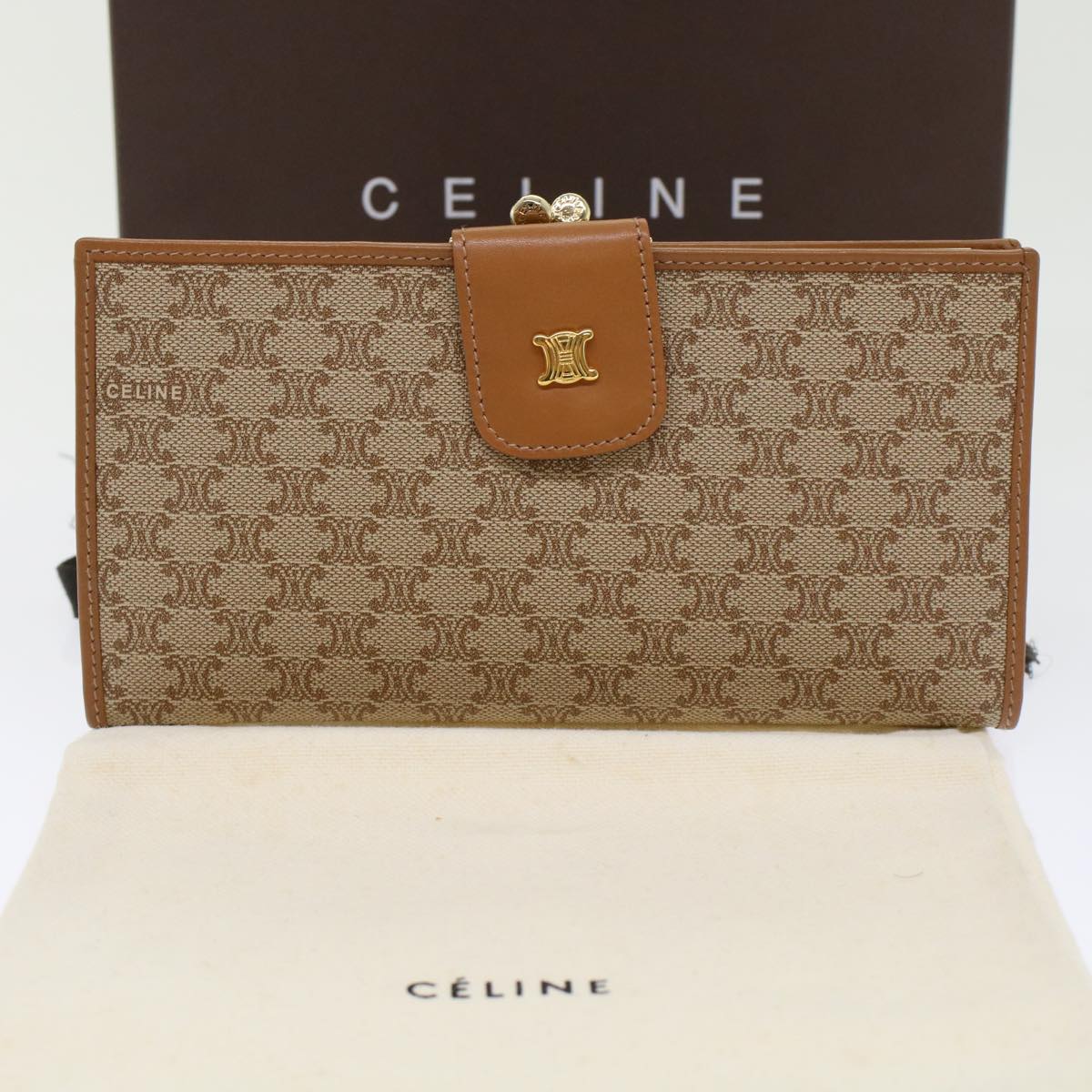 CELINE Macadam Canvas Long Wallet Beige Auth 46361