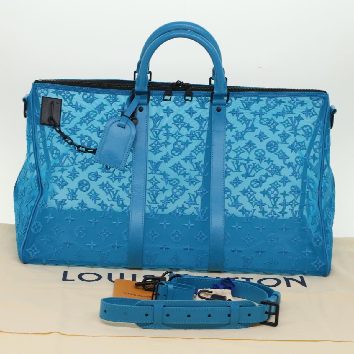 LOUIS VUITTON Monogram Mesh Keepall Triangle 50 Bag Blue M45048 LV Auth 46405S