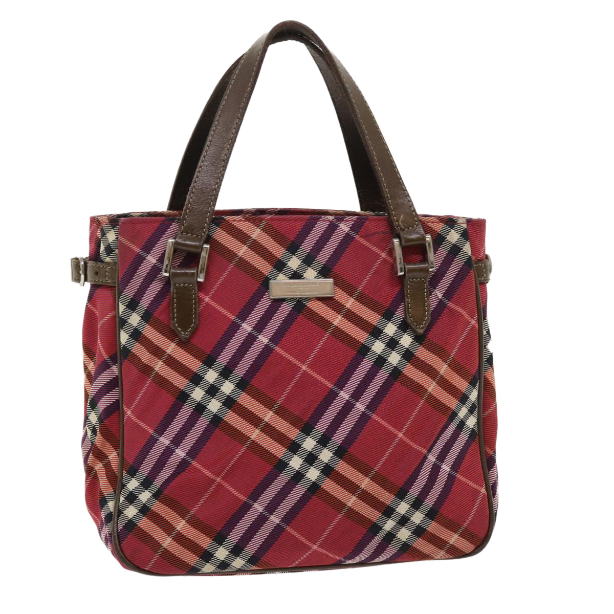 BURBERRY Nova Check Blue Label Hand Bag Nylon Leather Red Brown Auth 46960