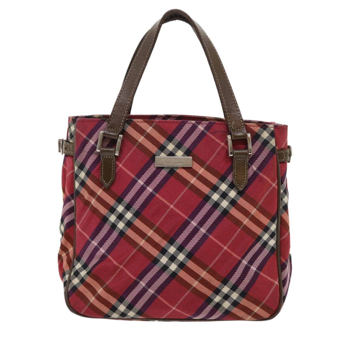 BURBERRY Nova Check Blue Label Hand Bag Nylon Leather Red Brown Auth 46960