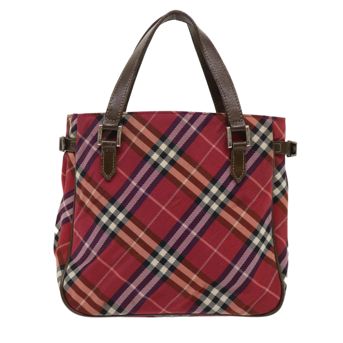 BURBERRY Nova Check Blue Label Hand Bag Nylon Leather Red Brown Auth 46960