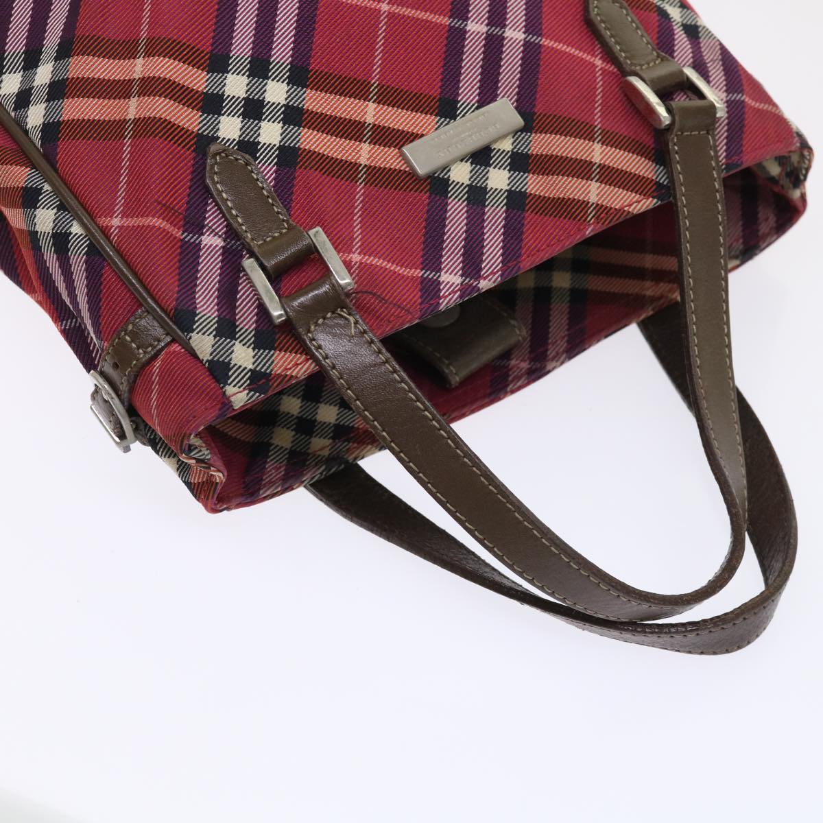 BURBERRY Nova Check Blue Label Hand Bag Nylon Leather Red Brown Auth 46960