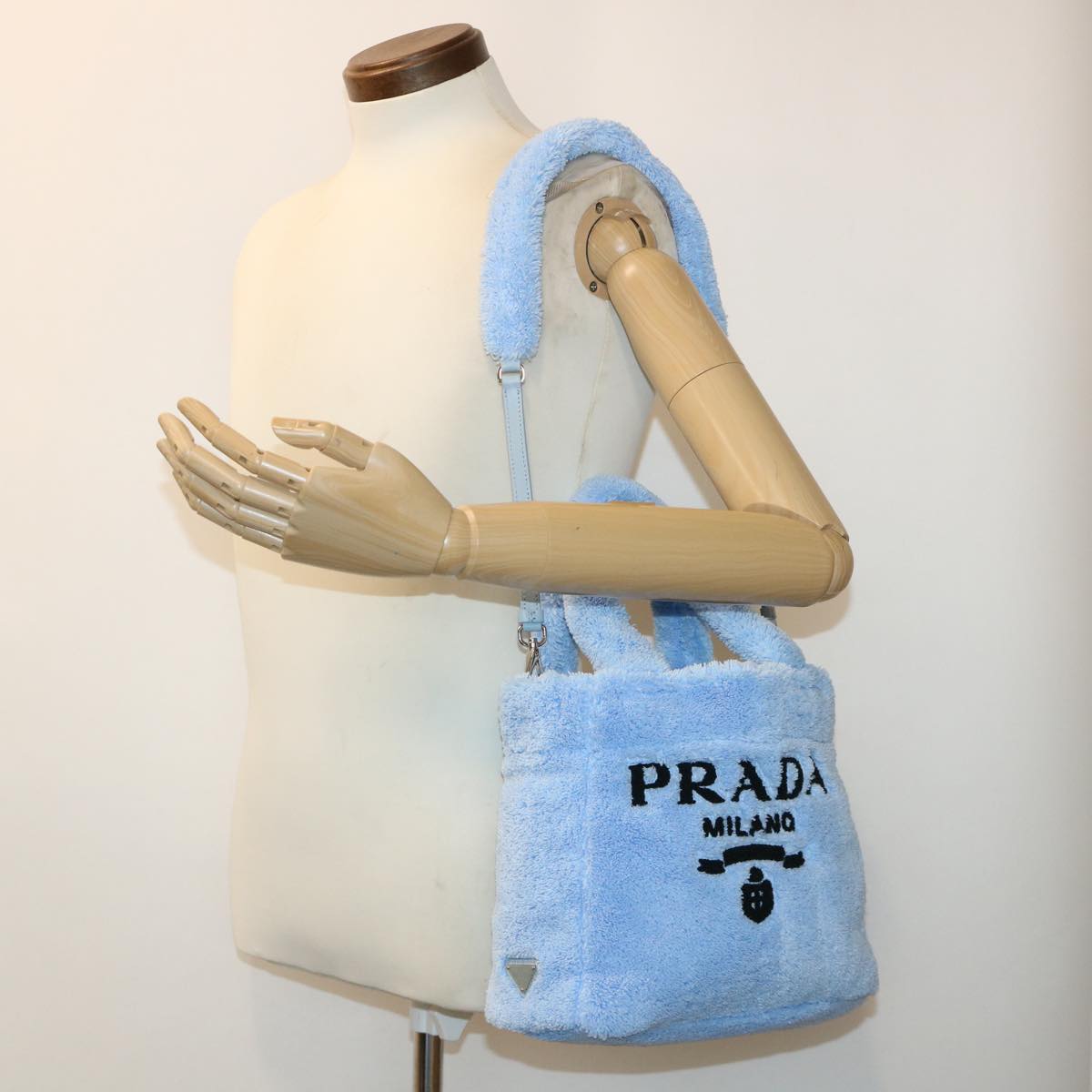 PRADA Terry Hand Bag 2way Light Blue Black Auth 47188SAV